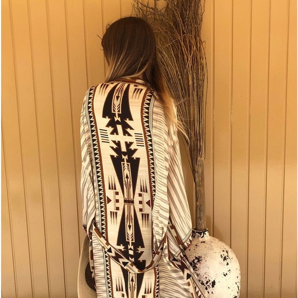 69. CLEARANCE Bohemian Tribal Tan Oversized Resort Beach Maxi Long Kimono - Picture 3 of 4